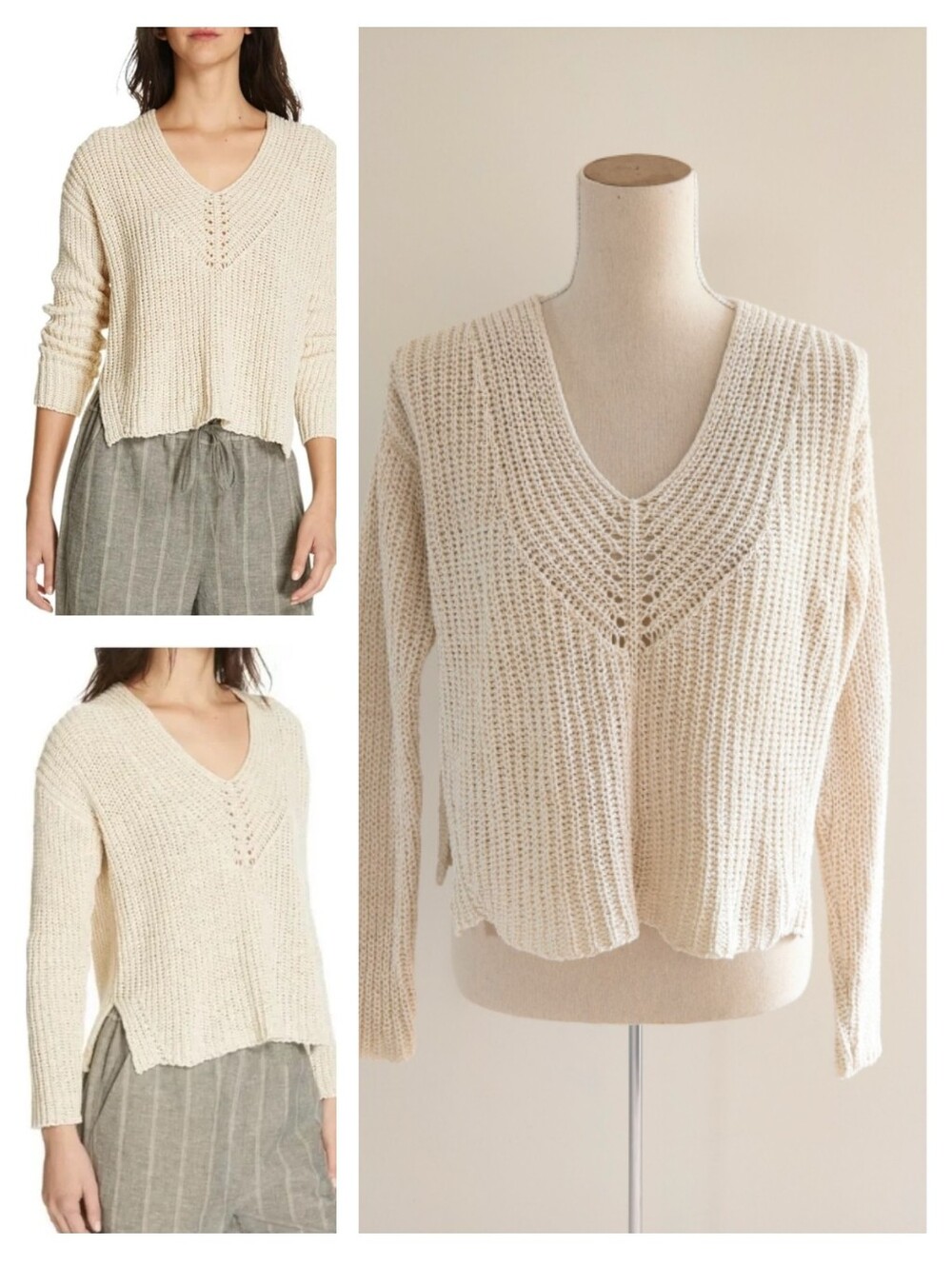 Eileen Fisher Organic Cotton & Linen Ivory V-Neck Open-Knit Tape-Yarn Sweater